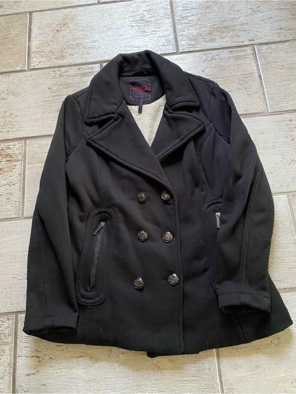 Yoki Black Double-Breasted Pea Coat Size L